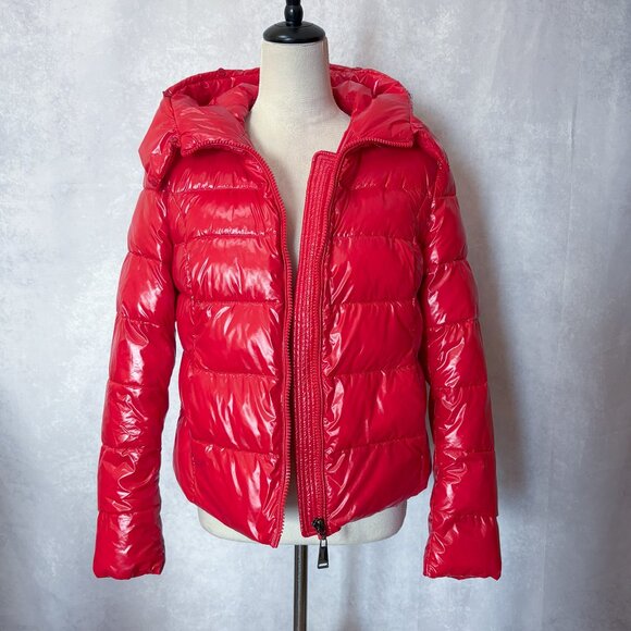 ZIAI Wet Look Red Puffer Hooded Jacket Coat Detachable Faux Fur Trim Size M - Picture 9 of 16
